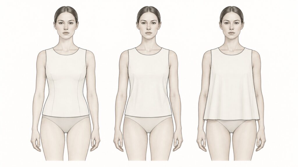 Ejemplo de diferentes holguras entre el cuerpo y la prenda en patronaje