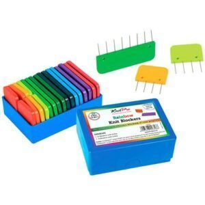 Caja de Bloqueadores de punto KnitPro. Perfectos para un acabado uniforme y profesional en tus proyectos de tejido. Incluye 20 bloqueadores de punto.
