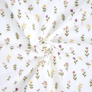 Katia Fabrics Muselina de Algodón Andes Flowers, Tela Doble Capa con Estampado Floral, Blanco con Flores Mostaza Fucsia Verde, 130cm Ancho, 100% Algodón. 1 metro