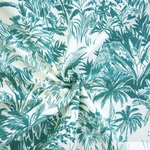 Katia Tela de Felpa de Verano Cocoa Palm, Verde, 95% Algodón 5% Elastán, Estampado Tropical. 1 metro