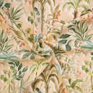 Katia Tela por Metros de Ecoviscosa Cocoa Fruit Palm, Estampado Tropical de Palmeras, Fondo Beige, Viscosa EcoVero 100% Sostenible, Ligera y Transpirable