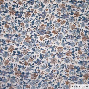 Tela de popelín de algodón 100 % por metros con un estampado de flores en tonos azules y marrones sobre un fondo blanco.